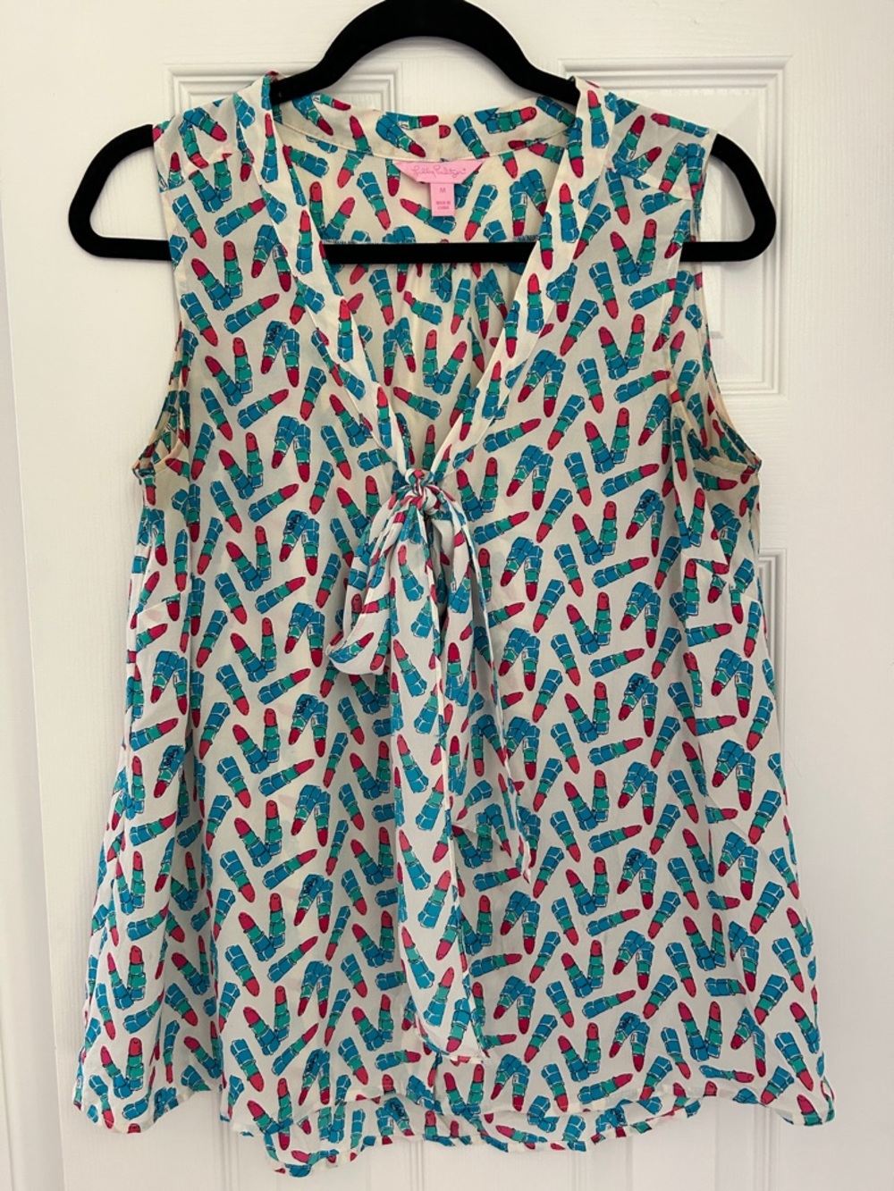 Lilly Pulitzer Teal & Pink Sleeveless Tie-Front Blouse